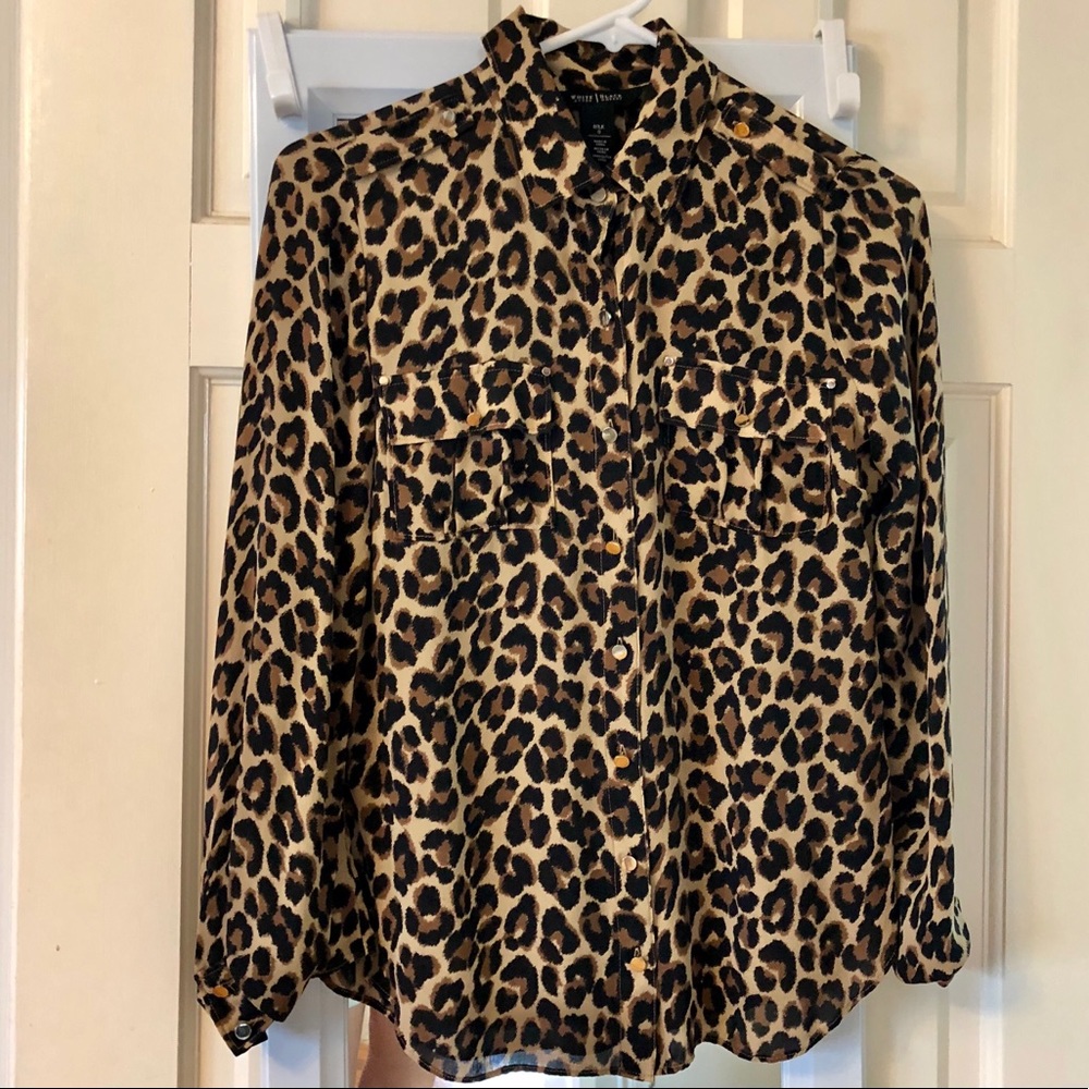 WHBM Leopard Silk Blouse size 0 with Gold Buttons